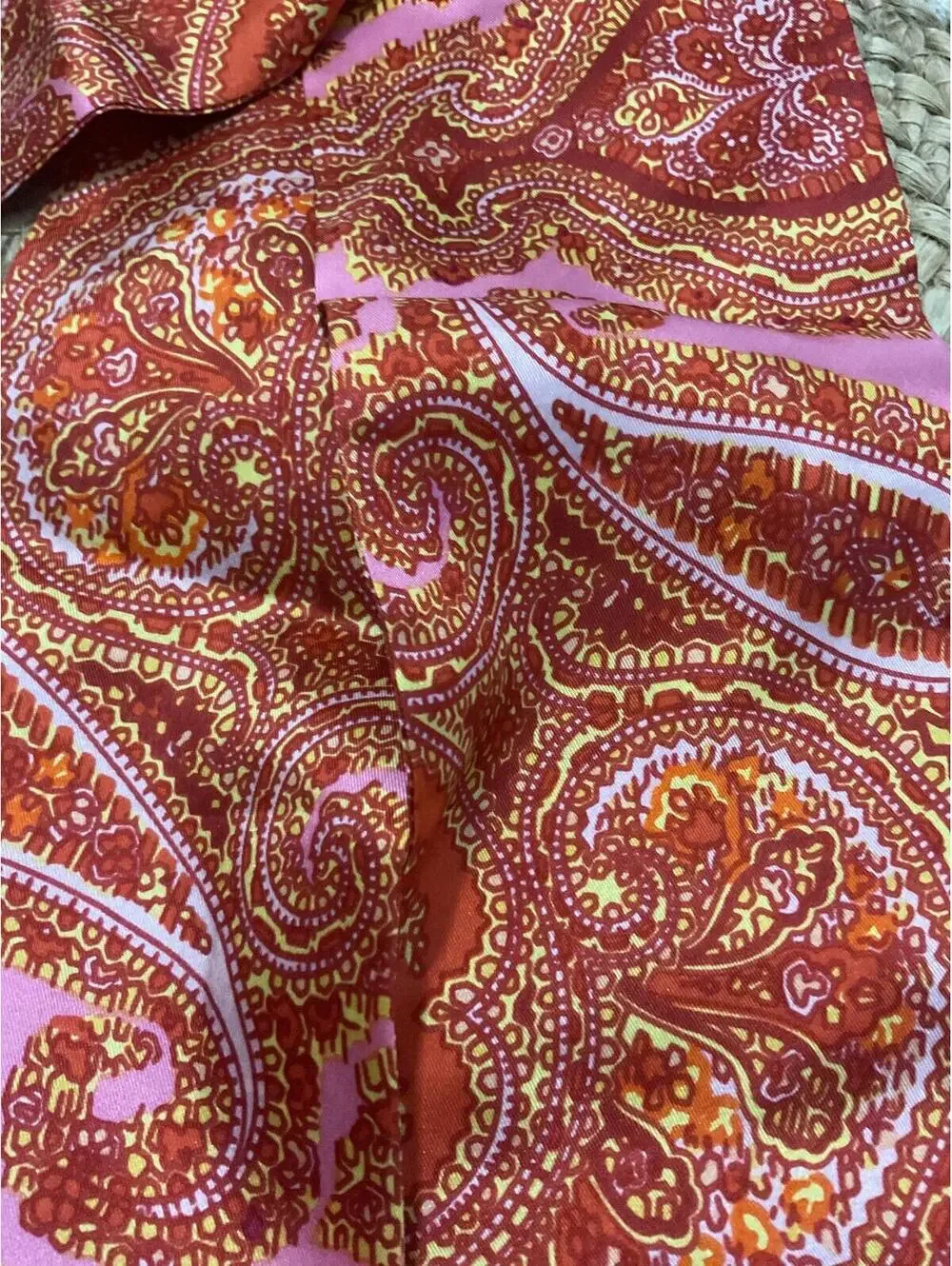 Vintage-Inspired Silk Paisley Print Scarf Hair Tie/ Belt in Pink and Orange